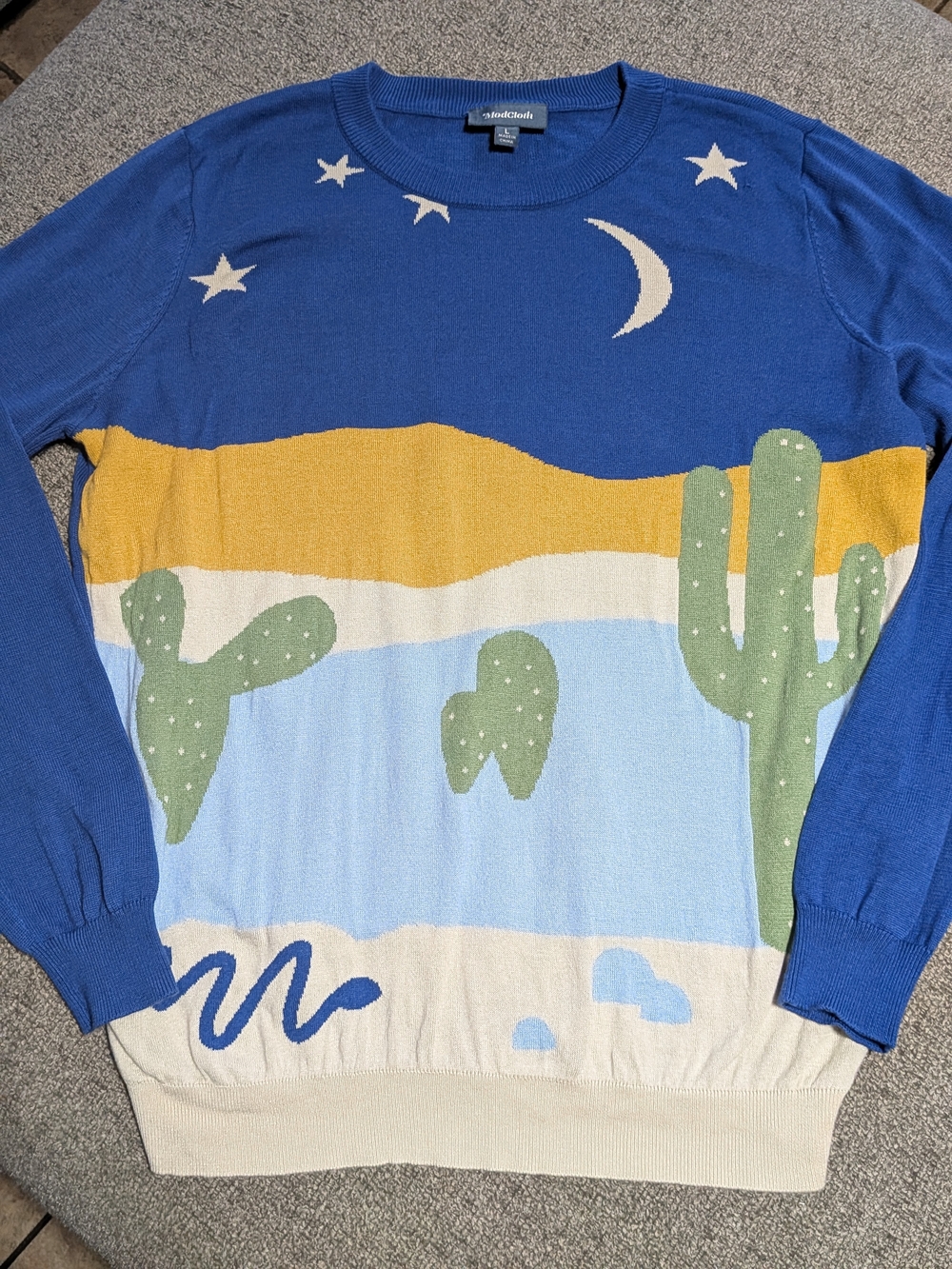 ModCloth Blue Desert Cactus Starry Night Sky Pullover Sweater Size L